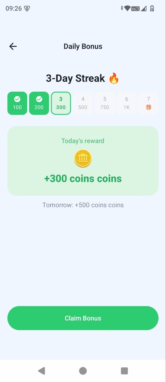CoinPilot App daily bonus, quests and achievements grid